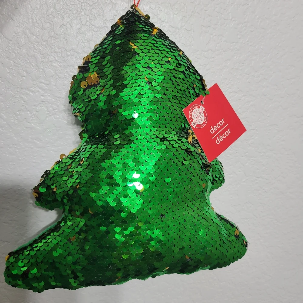 Sparkly Christmas Tree Flip Sequins Pillow, reversible green & gold  NEW